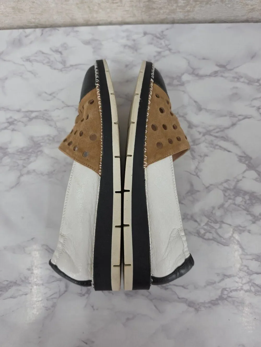 Hispanitas Tan Suede & White Leather Slip-On Flats with Black Toe